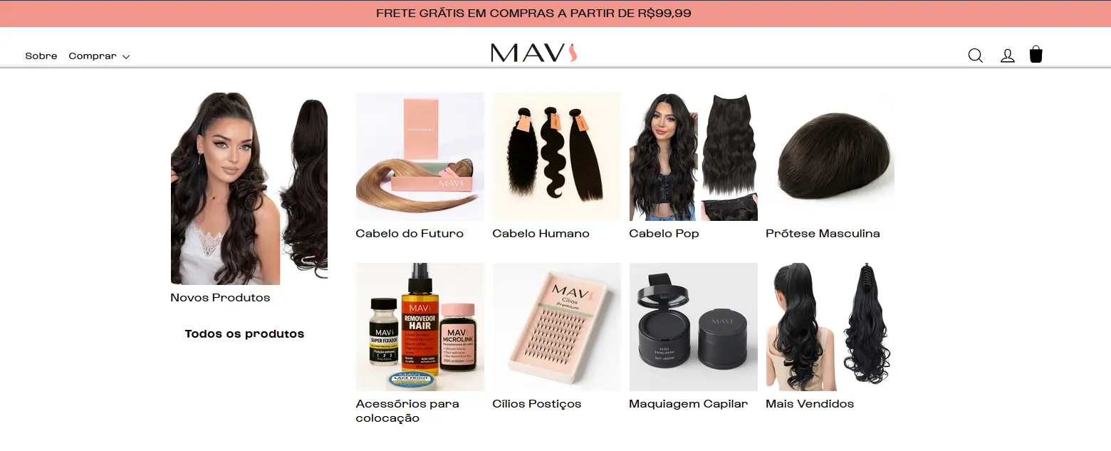 print de tela do mega menu na loja virtual shopify mavi mega hair