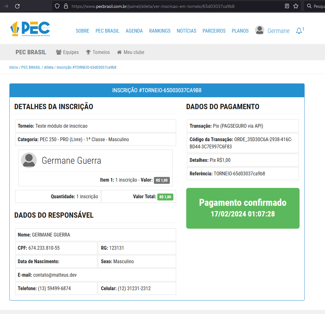 tela checkout pecbrasil.com.br. dados de um usuário de teste. mensagem confirmando pagamento do pix.